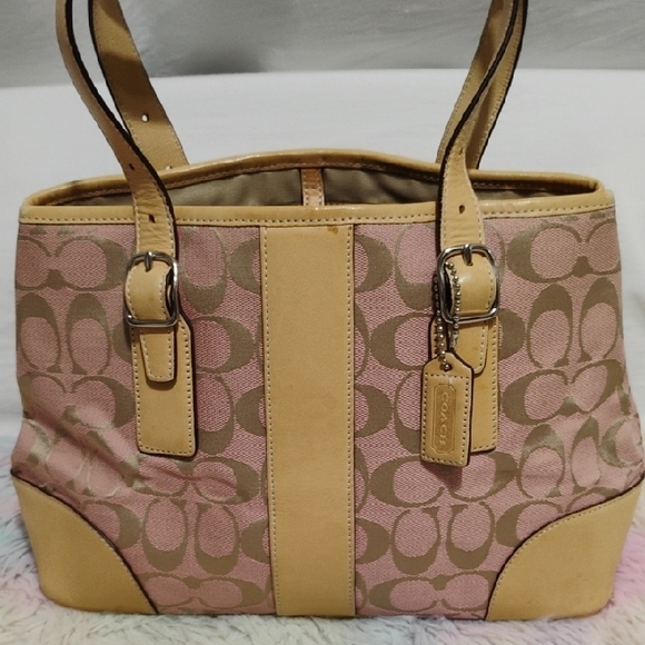 SALE! Coach 🩷 Pink/Tan Canvas/Leather Y2K Shoulder Bag Signature Monogram - Picture 4 of 15